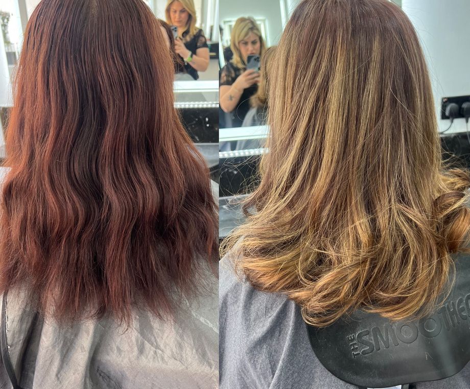 Before and after warm hair colour transformation at Hair Perfect Fulham salon