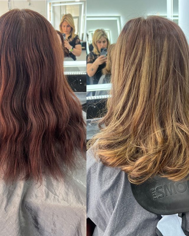 Before and after warm hair colour transformation at Hair Perfect Fulham salon