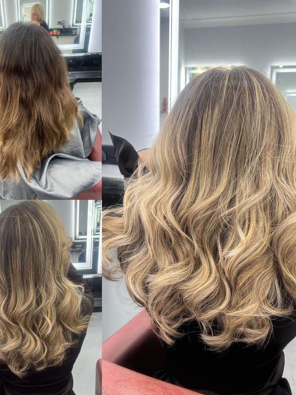 Blonde highlighted hair with soft curls styled at Hair Perfect in Fulham