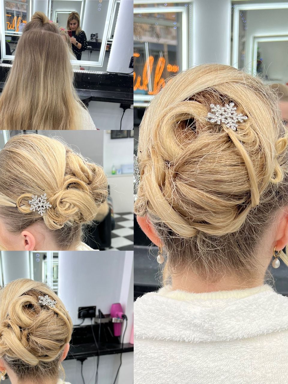 Elegant blonde hair up style with decorative clip at Hair Perfect Fulham