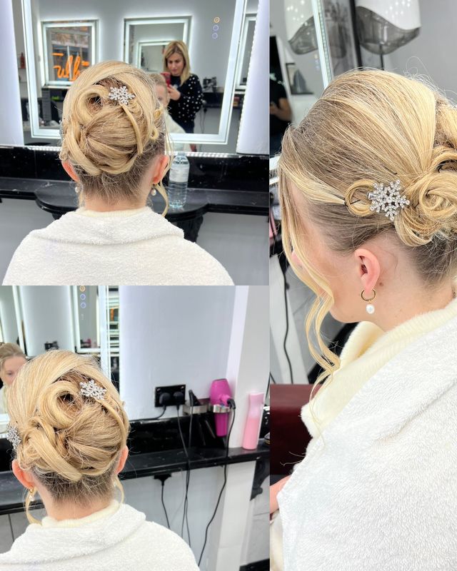 Elegant blonde hair up style for a special occasion at Hair Perfect Fulham